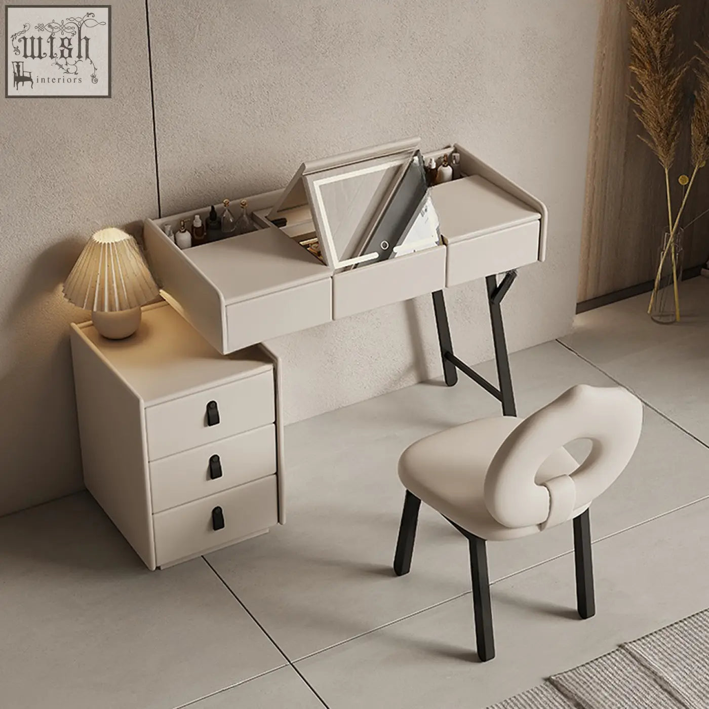 Modern white cream dressing table with sleek black metal legs and drawers offering financing and low shipping cost
