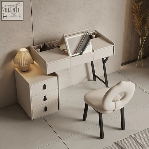 Modern white cream dressing table with sleek black metal legs and drawers offering financing and low shipping cost