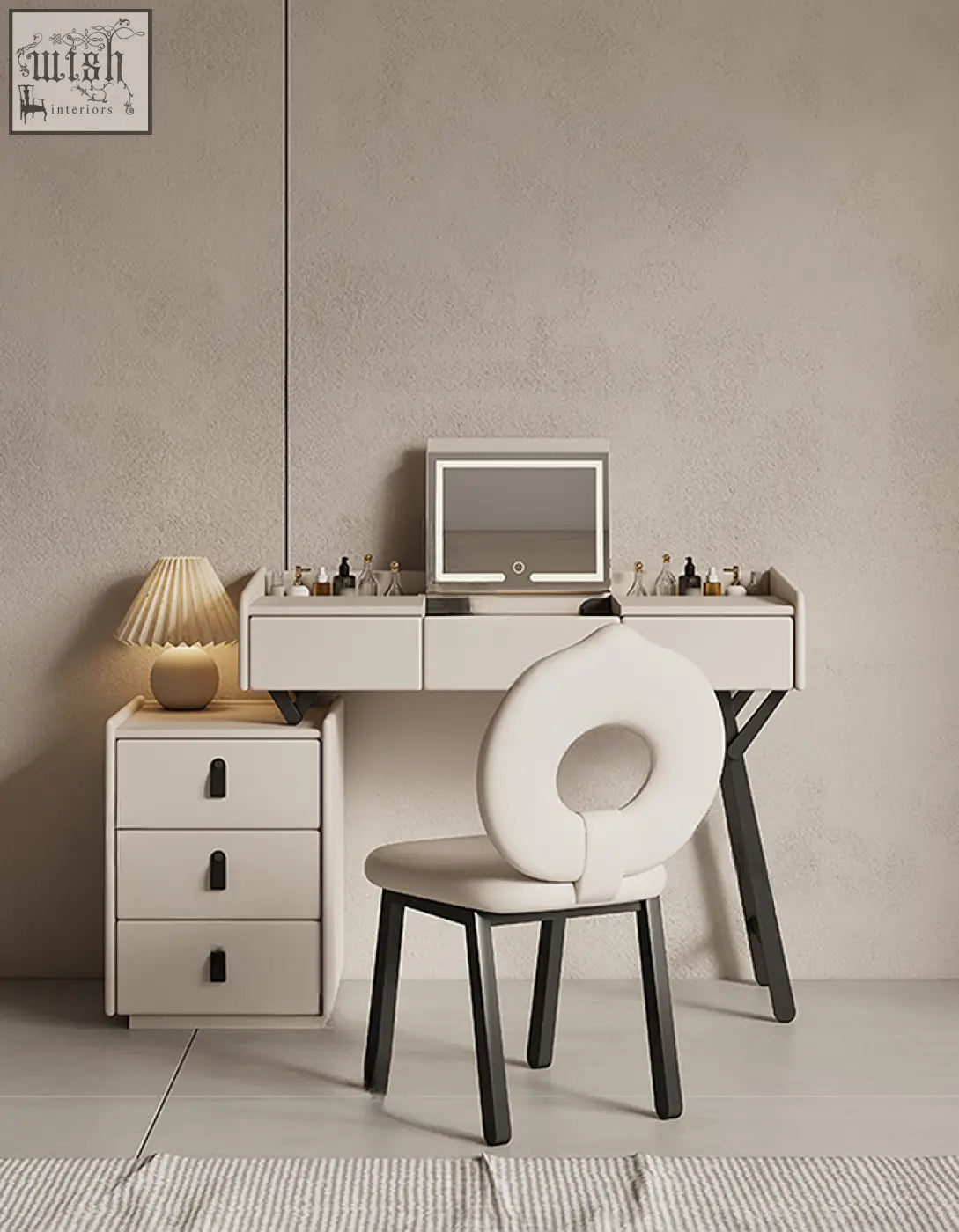 Cream pilar dressing table with led mirror and drawers featuring a sleek minimalist design perfect for any room