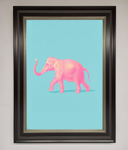Pink Elephant On Blue Framed Print