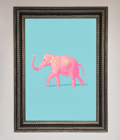 Pink Elephant On Blue Framed Print