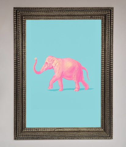 Pink Elephant On Blue Framed Print