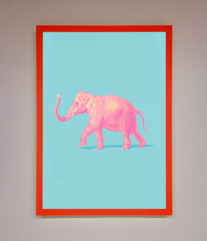 Pink Elephant On Blue Framed Print