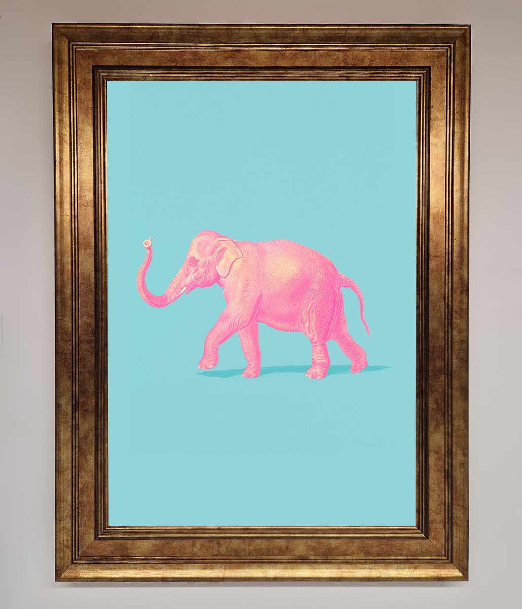 Pink Elephant On Blue Framed Print