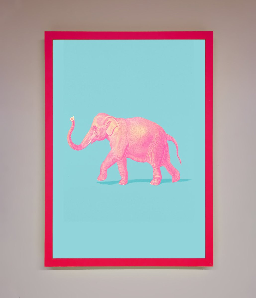 Pink Elephant On Blue Framed Print