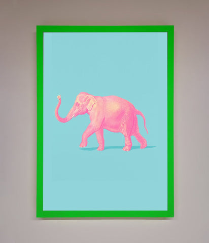 Pink Elephant On Blue Framed Print