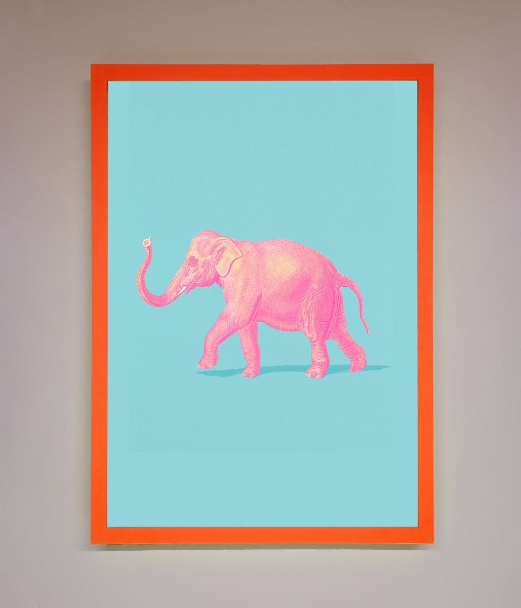 Pink Elephant On Blue Framed Print