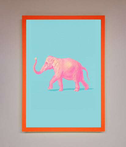 Pink Elephant On Blue Framed Print