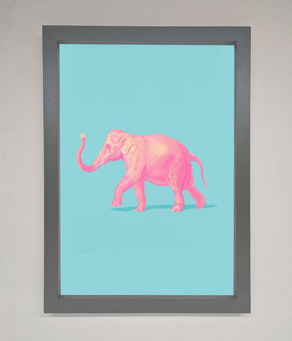 Pink Elephant On Blue Framed Print