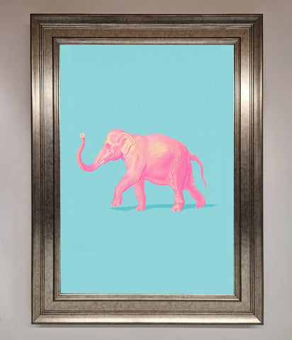 Pink Elephant On Blue Framed Print