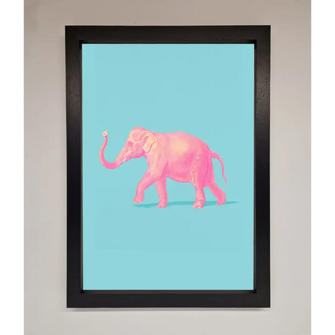 Pink Elephant On Blue Framed Print - A3 (29.7 x 42 cm) / Black - Framed Print