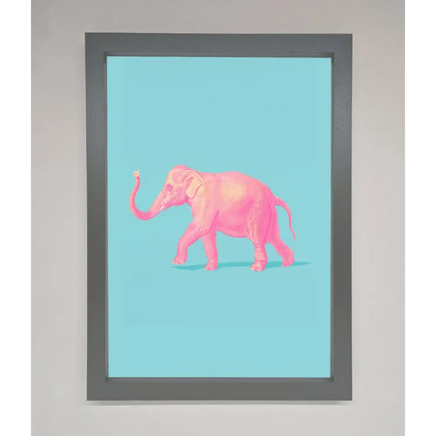Pink Elephant On Blue Framed Print - A3 (29.7 x 42 cm) / Dark Grey - Framed Print