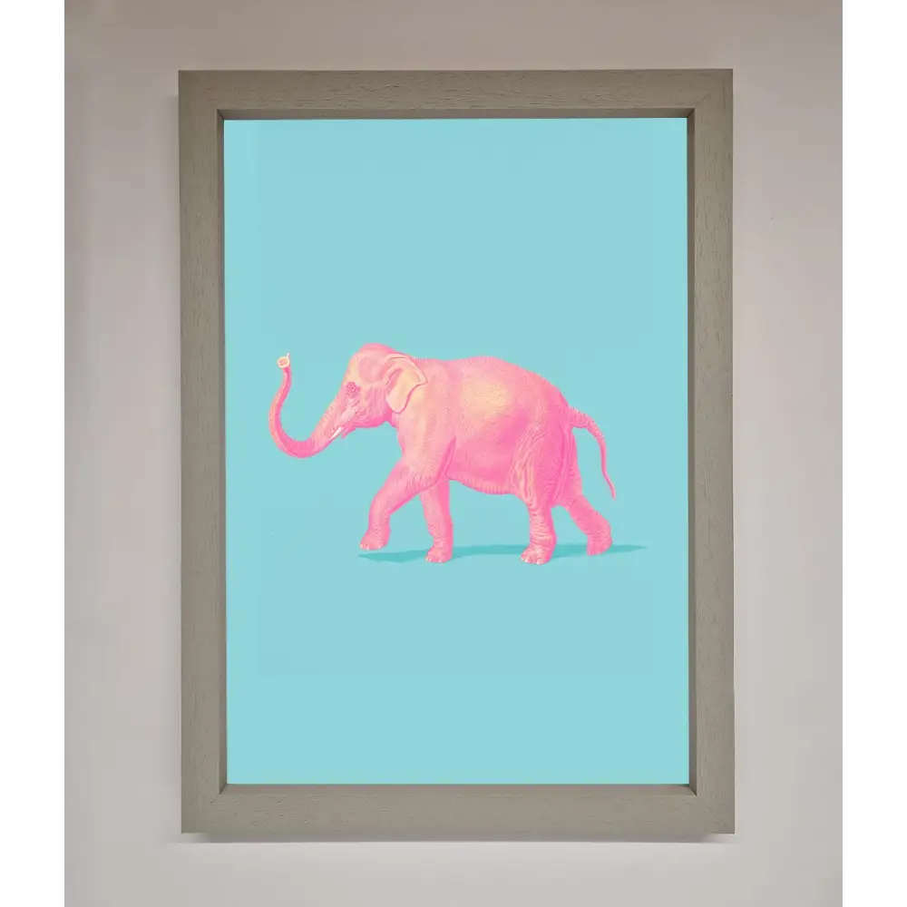 Pink Elephant On Blue Framed Print - A3 (29.7 x 42 cm) / Grey - Framed Print