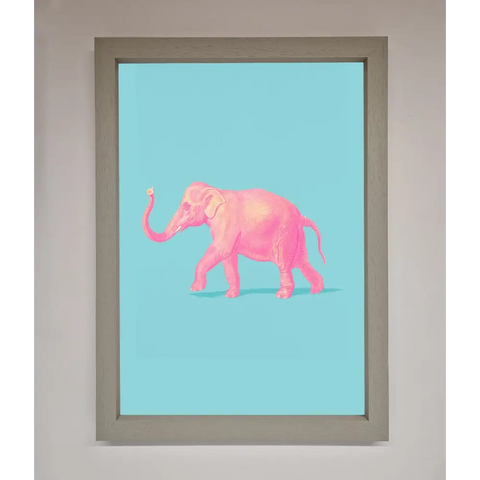 Pink Elephant On Blue Framed Print - A3 (29.7 x 42 cm) / Grey - Framed Print