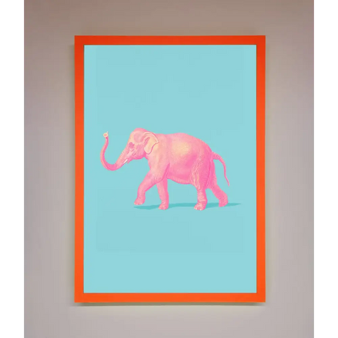 Pink Elephant On Blue Framed Print - A3 (29.7 x 42 cm) / Neon Orange - Framed Print