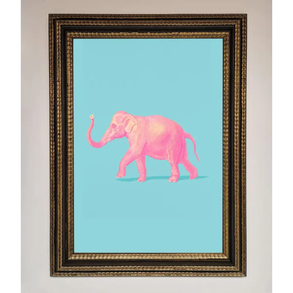 Pink Elephant On Blue Framed Print - A3 (29.7 x 42 cm) / Ornate Gold Black - Framed Print