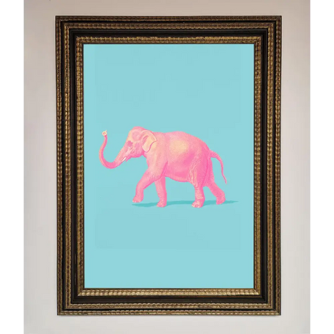 Pink Elephant On Blue Framed Print - A3 (29.7 x 42 cm) / Ornate Gold Black - Framed Print
