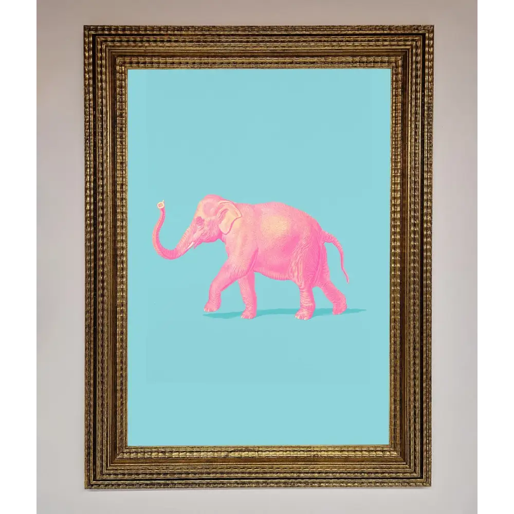 Pink Elephant On Blue Framed Print - A3 (29.7 x 42 cm) / Ornate Gold - Framed Print