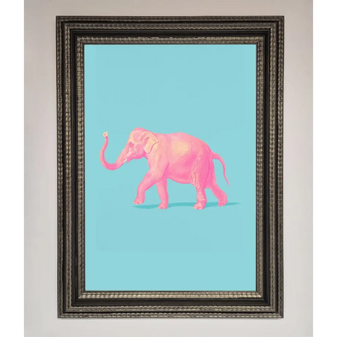 Pink Elephant On Blue Framed Print - A3 (29.7 x 42 cm) / Ornate Silver Black - Framed Print