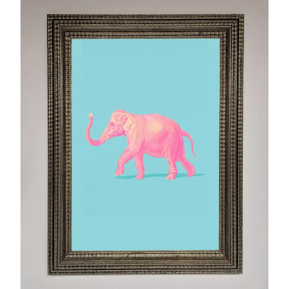 Pink Elephant On Blue Framed Print - A3 (29.7 x 42 cm) / Ornate Silver - Framed Print