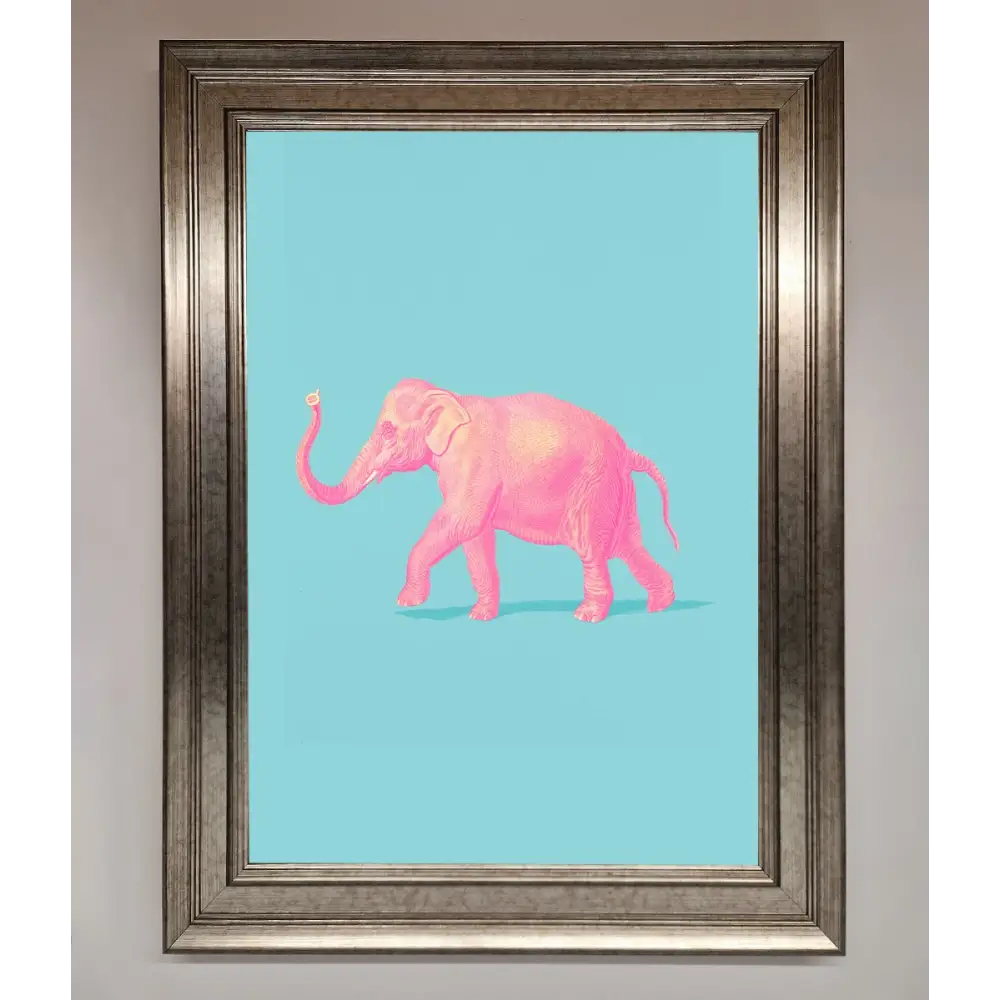 Pink Elephant On Blue Framed Print - A3 (29.7 x 42 cm) / Silver - Framed Print