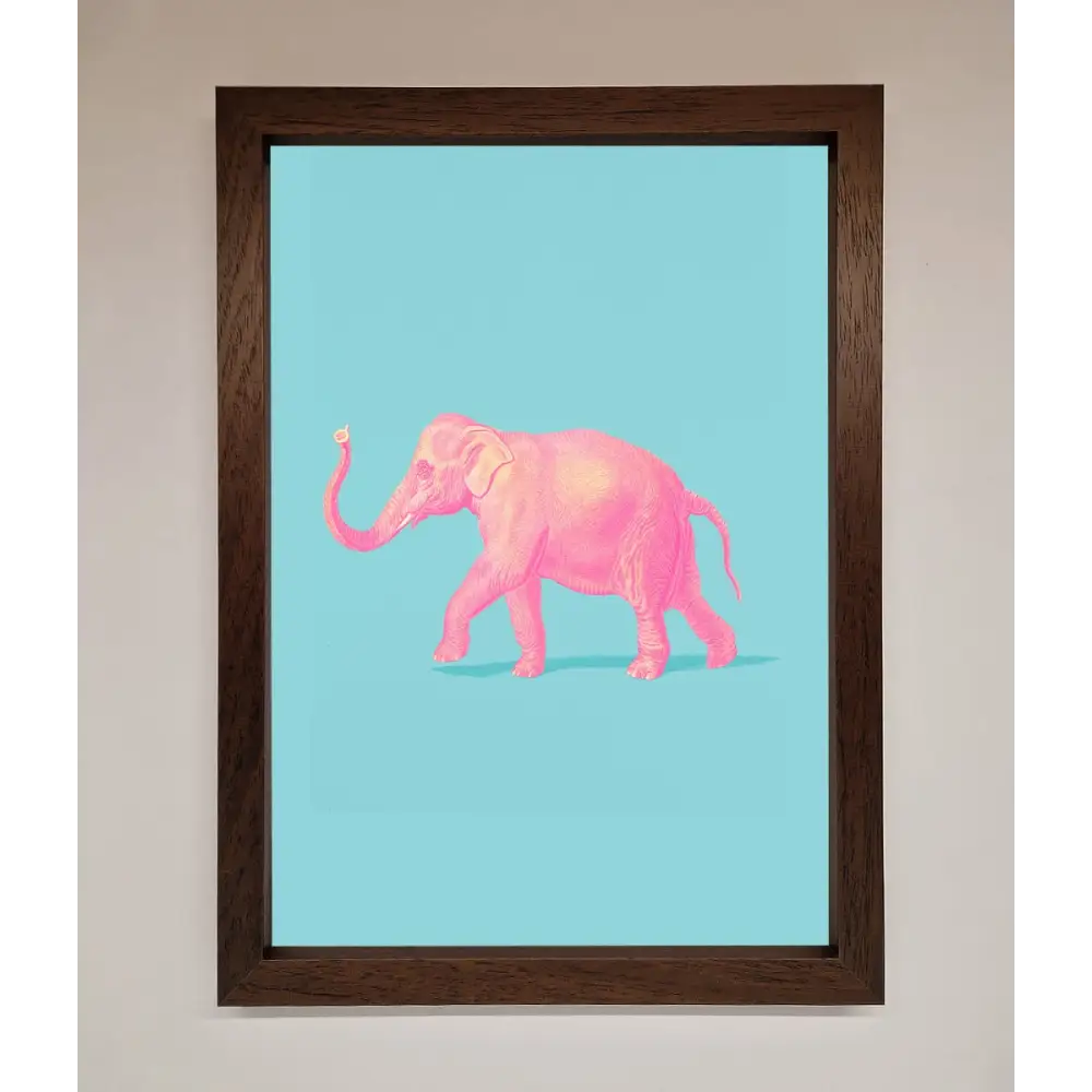 Pink Elephant On Blue Framed Print - A3 (29.7 x 42 cm) / Walnut - Framed Print