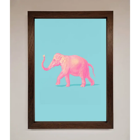 Pink Elephant On Blue Framed Print - A3 (29.7 x 42 cm) / Walnut - Framed Print