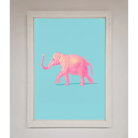 Pink Elephant On Blue Framed Print - A3 (29.7 x 42 cm) / White - Framed Print