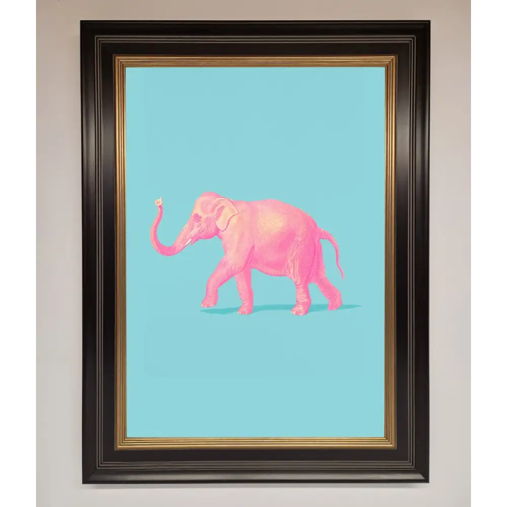 Pink Elephant On Blue Framed Print - B0 (100 x 141 cm) / Black Gold - Framed Print