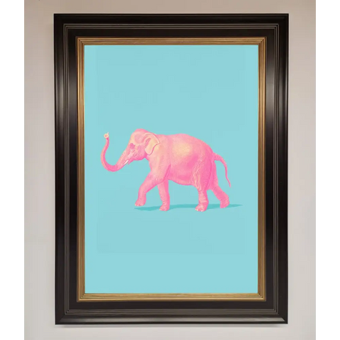 Pink Elephant On Blue Framed Print - B0 (100 x 141 cm) / Black Gold - Framed Print