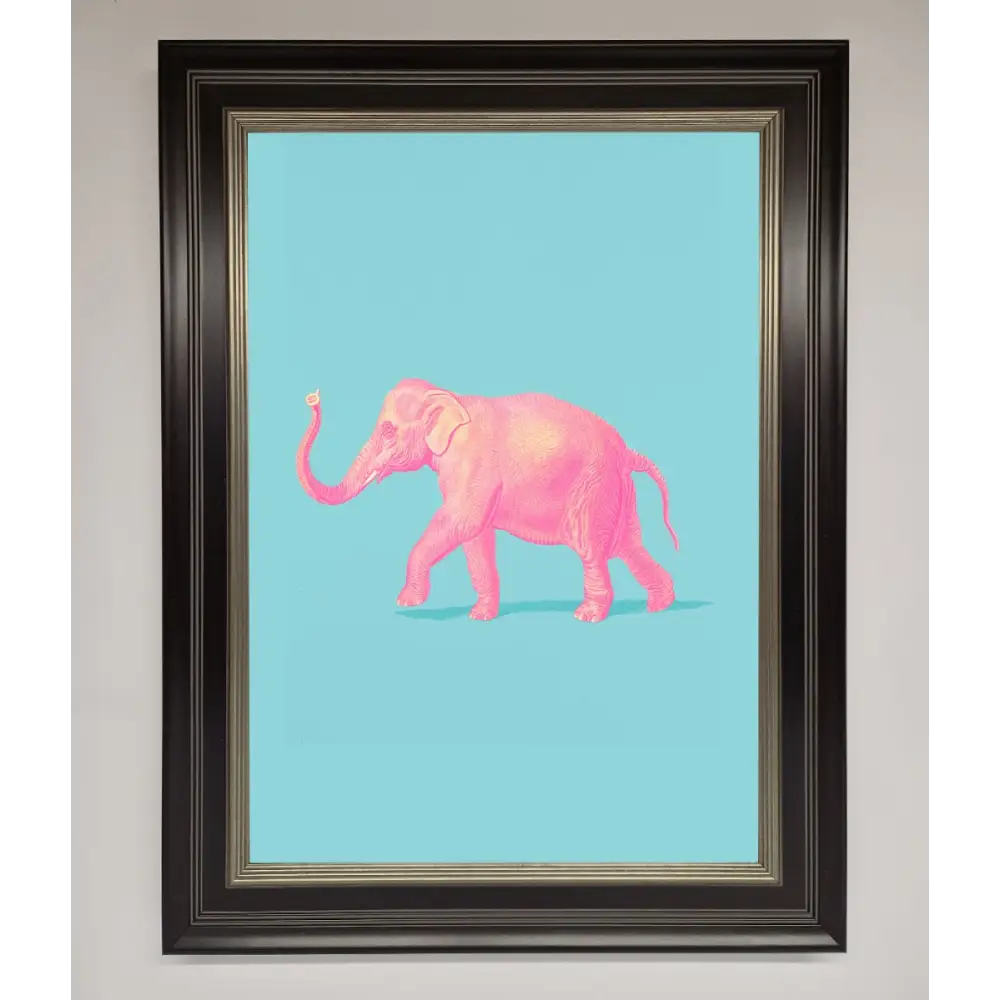 Pink Elephant On Blue Framed Print - B0 (100 x 141 cm) / Black Silver - Framed Print