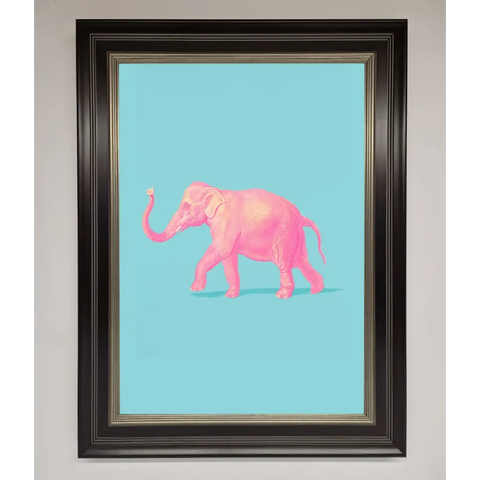 Pink Elephant On Blue Framed Print - B0 (100 x 141 cm) / Black Silver - Framed Print