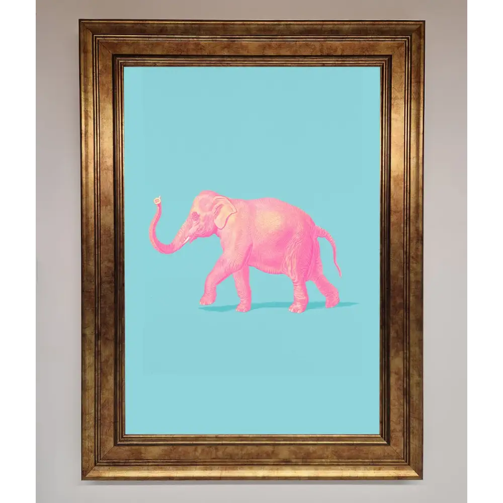 Pink Elephant On Blue Framed Print - B0 (100 x 141 cm) / Bronze - Framed Print