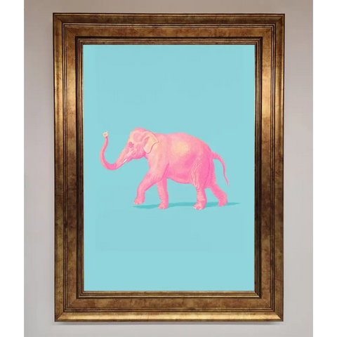 Pink Elephant On Blue Framed Print - B0 (100 x 141 cm) / Bronze - Framed Print