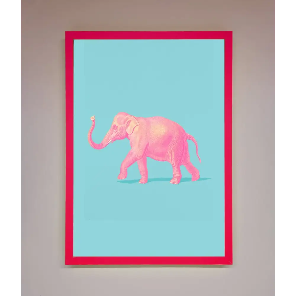 Pink Elephant On Blue Framed Print - B0 (100 x 141 cm) / Neon Pink - Framed Print
