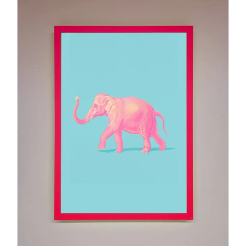 Pink Elephant On Blue Framed Print - B0 (100 x 141 cm) / Neon Pink - Framed Print