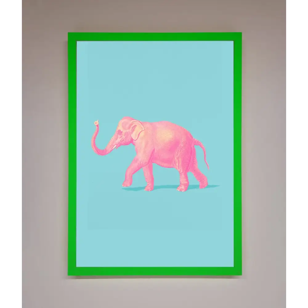 Pink Elephant On Blue Framed Print - B0 (100 x 141 cm) / Neon Dark Green - Framed Print