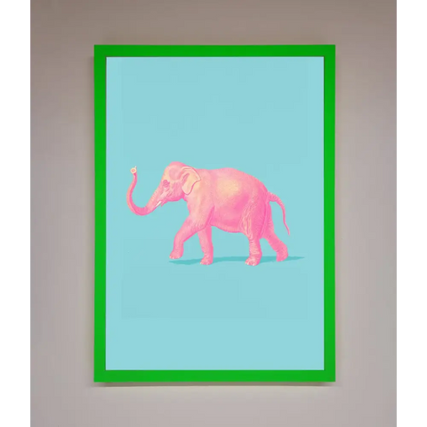 Pink Elephant On Blue Framed Print - B0 (100 x 141 cm) / Neon Dark Green - Framed Print