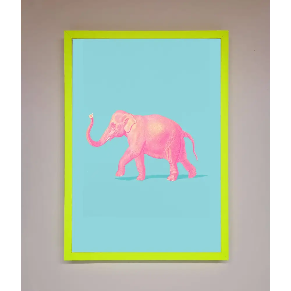Pink Elephant On Blue Framed Print - B0 (100 x 141 cm) / Neon Green - Framed Print