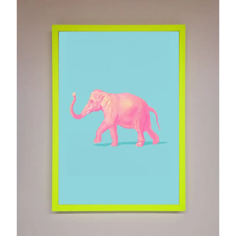 Pink Elephant On Blue Framed Print - B0 (100 x 141 cm) / Neon Green - Framed Print