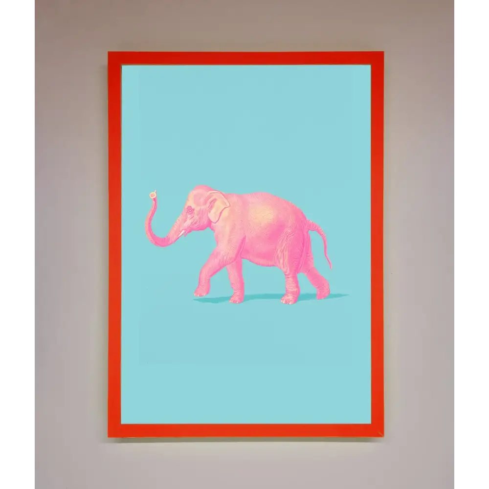 Pink Elephant On Blue Framed Print - B0 (100 x 141 cm) / Neon Red - Framed Print
