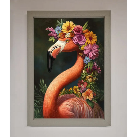 Pink Flamingo Floral Framed Poster - A3 (29.7 x 42 cm) / Grey - Framed Print