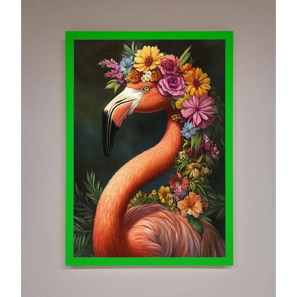 Pink Flamingo Floral Framed Poster - B0 (100 x 141 cm) / Neon Dark Green - Framed Print