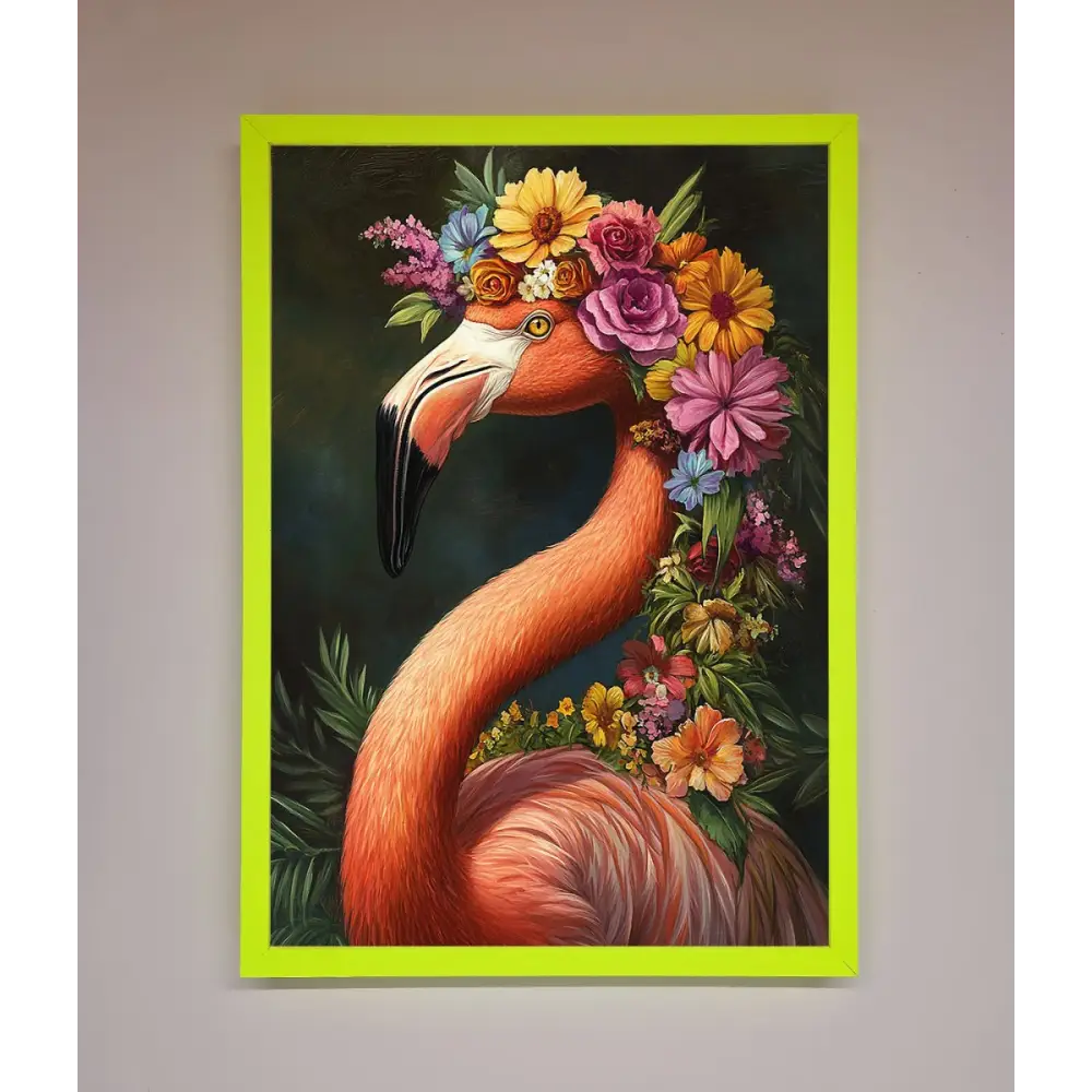 Pink Flamingo Floral Framed Poster - B0 (100 x 141 cm) / Neon Green - Framed Print