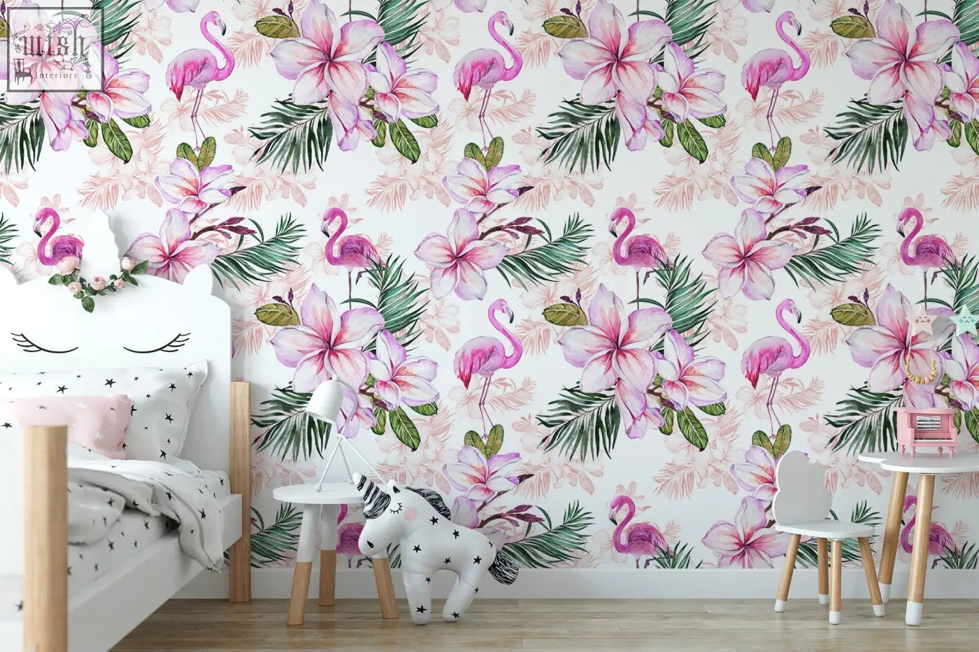 Pink flamingo floral traditional paper peel and stick removable wallpaper for baby girl nursery living space decor