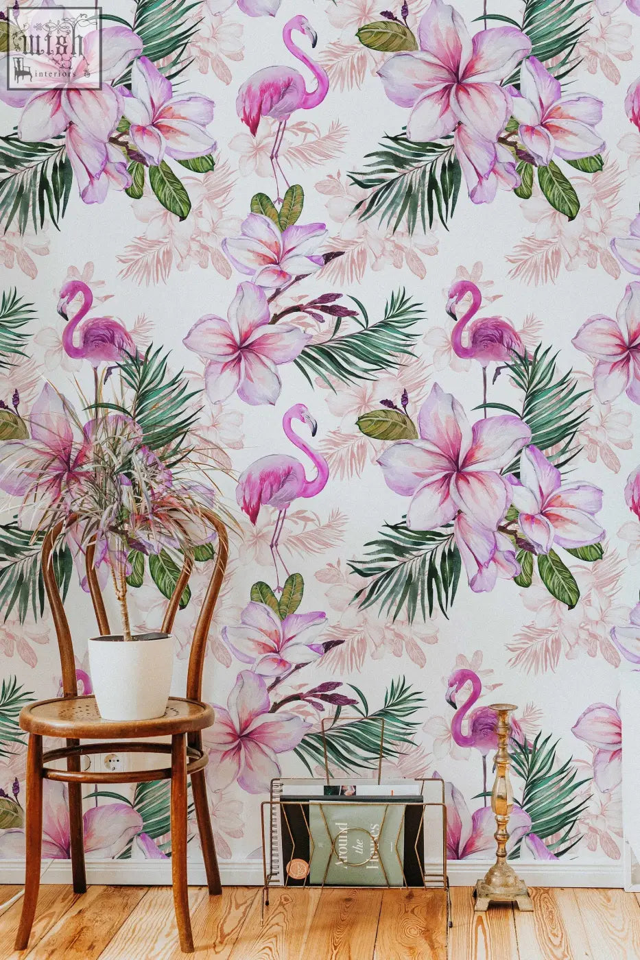 Pink flamingo floral traditional paper wallpaper with lush green leaves for pink nursery and living space décor