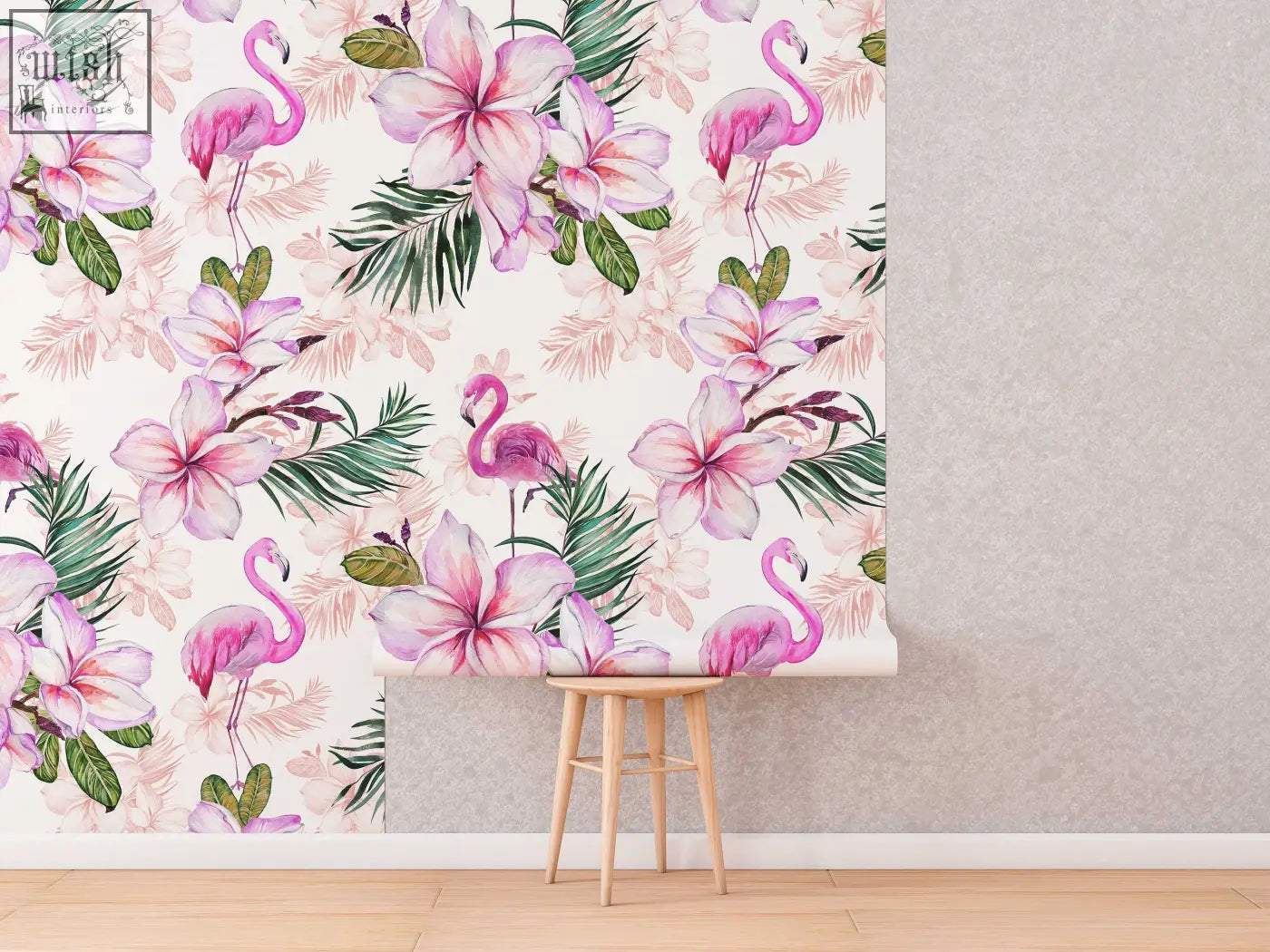 Pink flamingo floral traditional paper peel and stick wallpaper with lush patterns for baby girl nursery living space