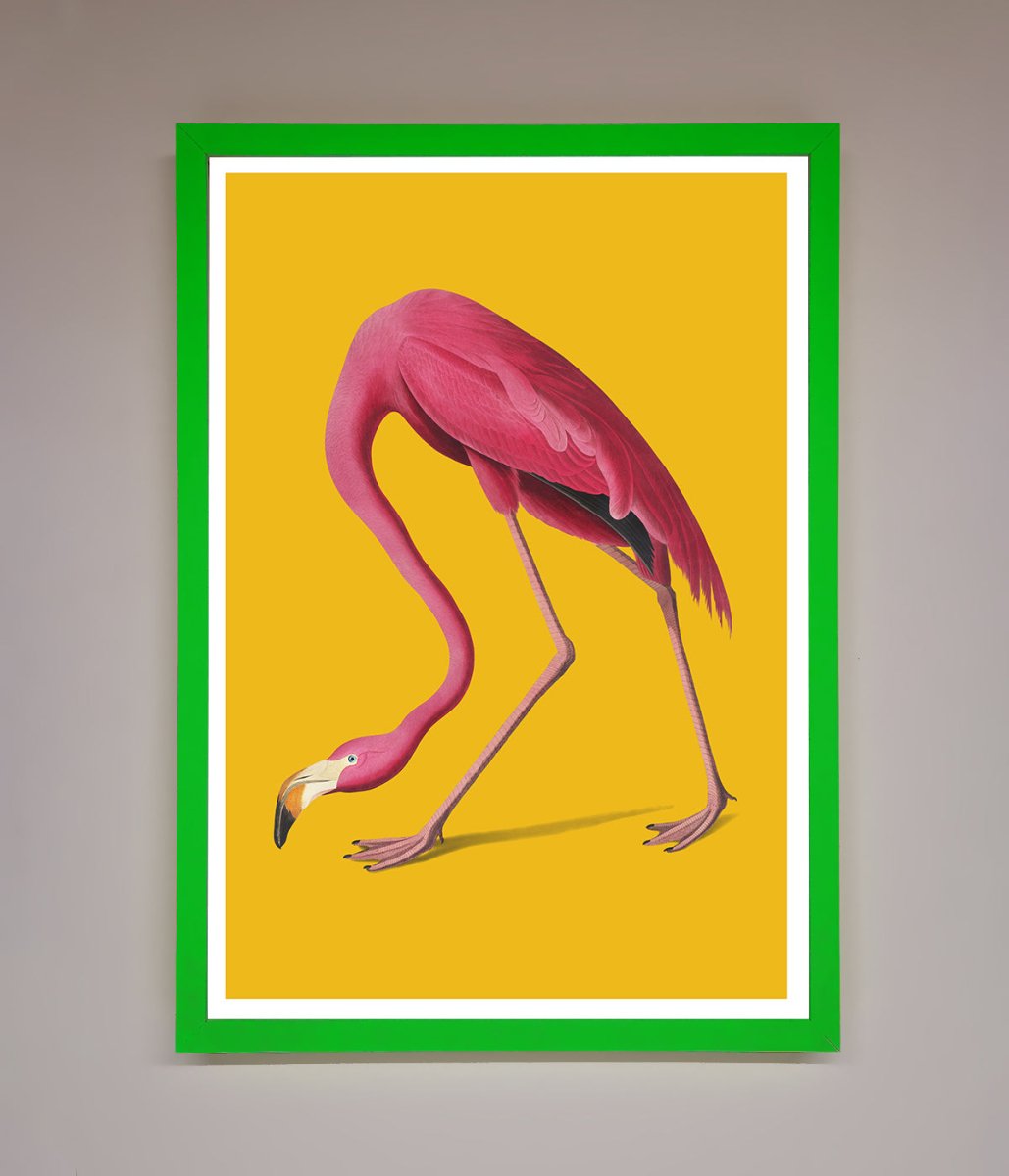 Pink Flamingo On Yellow Framed Print