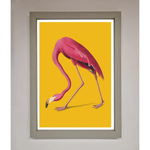 Pink Flamingo On Yellow Framed Print - A3 (29.7 x 42 cm) / Grey - Framed Print