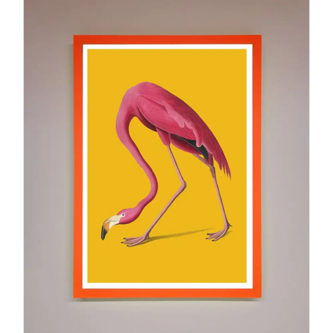 Pink Flamingo On Yellow Framed Print - A3 (29.7 x 42 cm) / Neon Orange - Framed Print